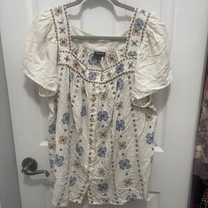 Torrid Ivory Blouse with Blue and Brown Patterns